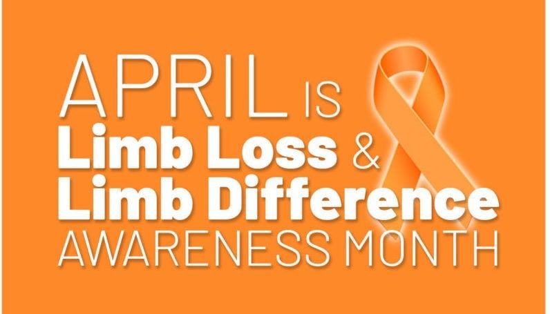 April is Limb Loss and Limb Difference Awareness Month graphic with orange ribbon symbol on orange background
