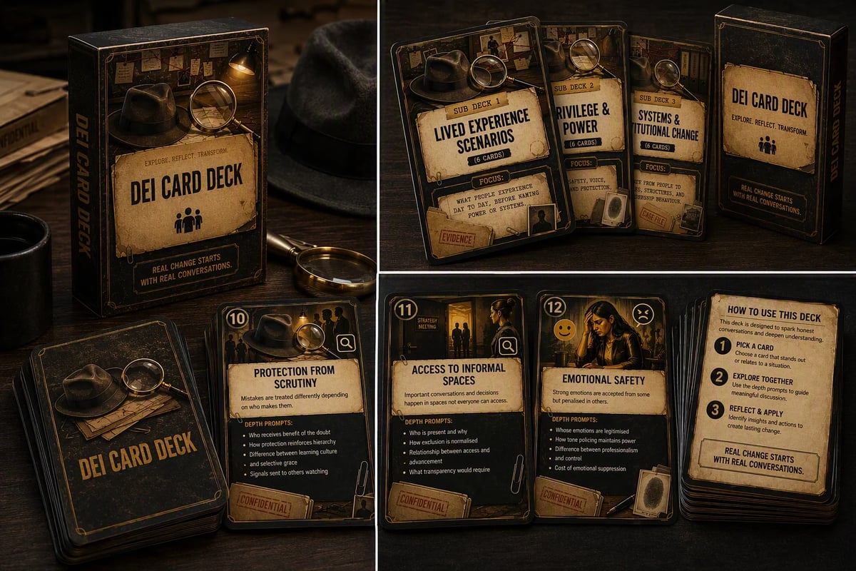 DEI Card Deck product display showing vintage-styled instruction cards and packaging with dark, professional design aesthetic